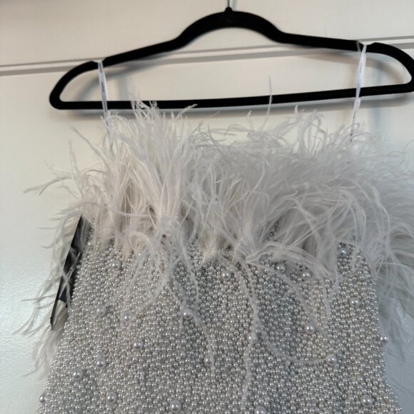 NWT Retrofete Ronit Pearl  Mini Dress Off Shoulder Bodycon Feather Trim Sz XXS - Picture 11 of 13